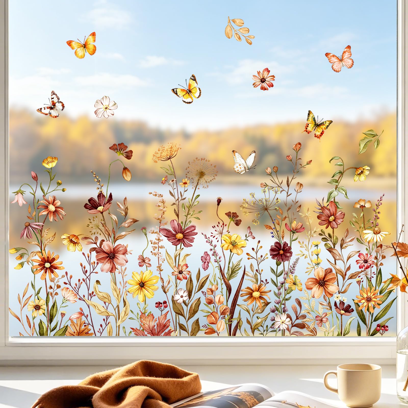 Autumn Flowers Window Stickers Clings Fall Floral Butterflies Window Decal