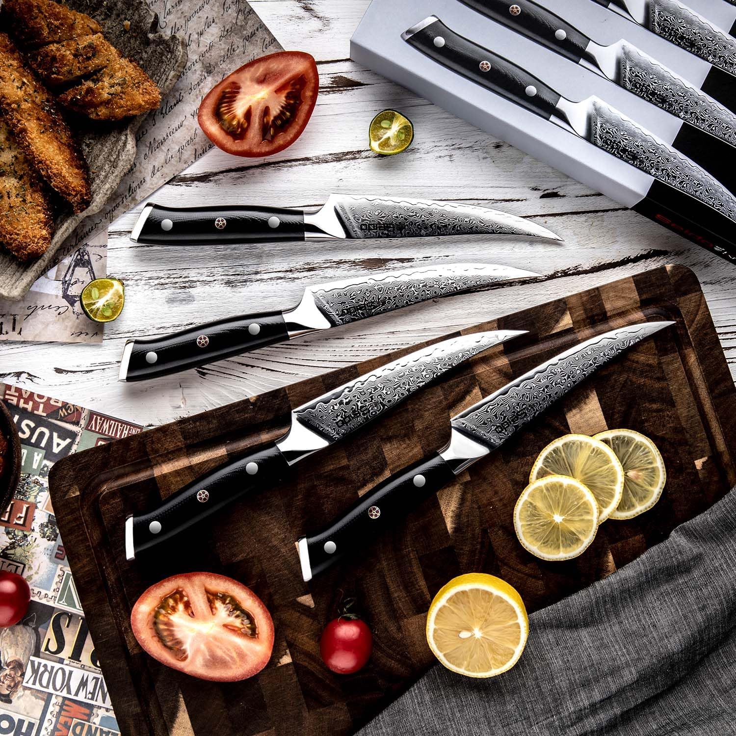 Seido Knives Shujin 8-Piece 5-Inch Steak Knife Set – Damascus Steel with Ergonomic G10 Handles