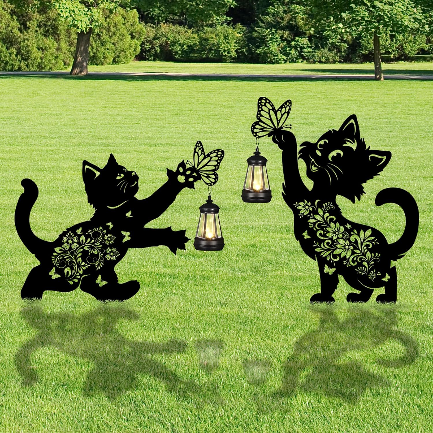 Solar Garden Lights Outdoor, 2PCS Metal Decorative Cat with Butterfly Solar Lights Garden Stakes Gifts, Yard Outside Lawn Christmas Birthday Gifts for Women Mom and Grandma