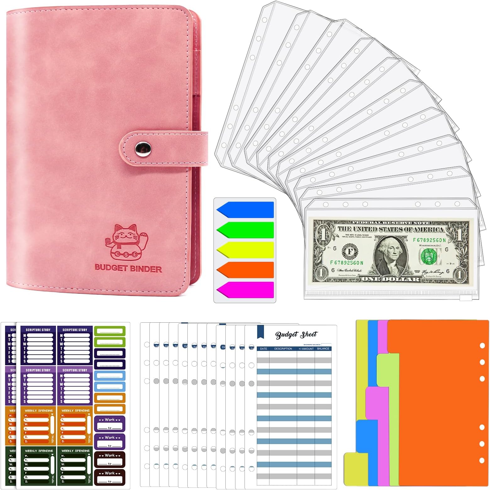 Aocii A6 Budget Folder with Zip Envelopes, Budget Binder for Budgeting, Money Binder, Organiser for Cash, Budget Wallet, Zip Binder Dividers, Pockets, Letter Labels