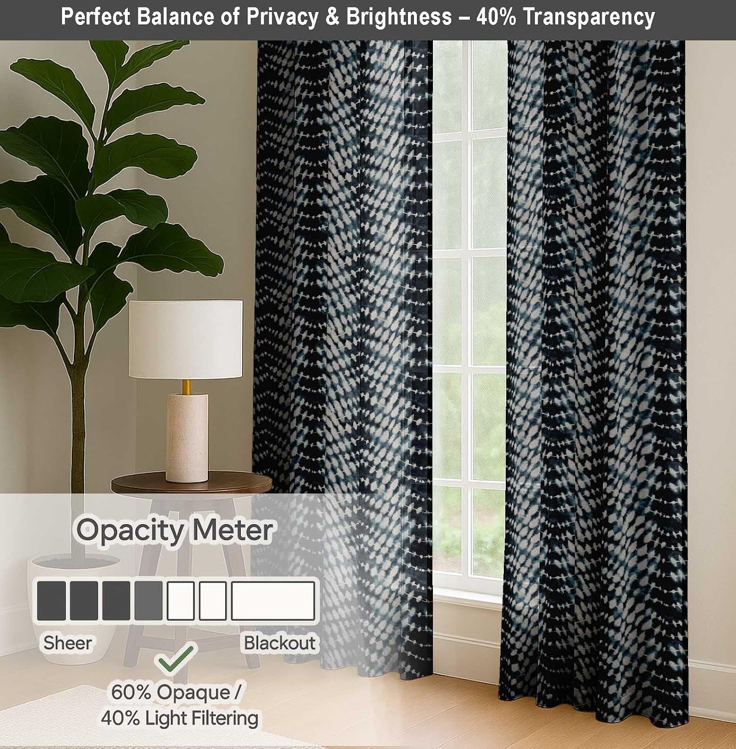 Cotton Curtains for Windows - 3-in-1 Rod Pocket/Back Tab Short Window Drapes - Light Filtering Cotton Canvas Panels - Set of 2, 52"x63" - Tie & Dye Print (Blue)