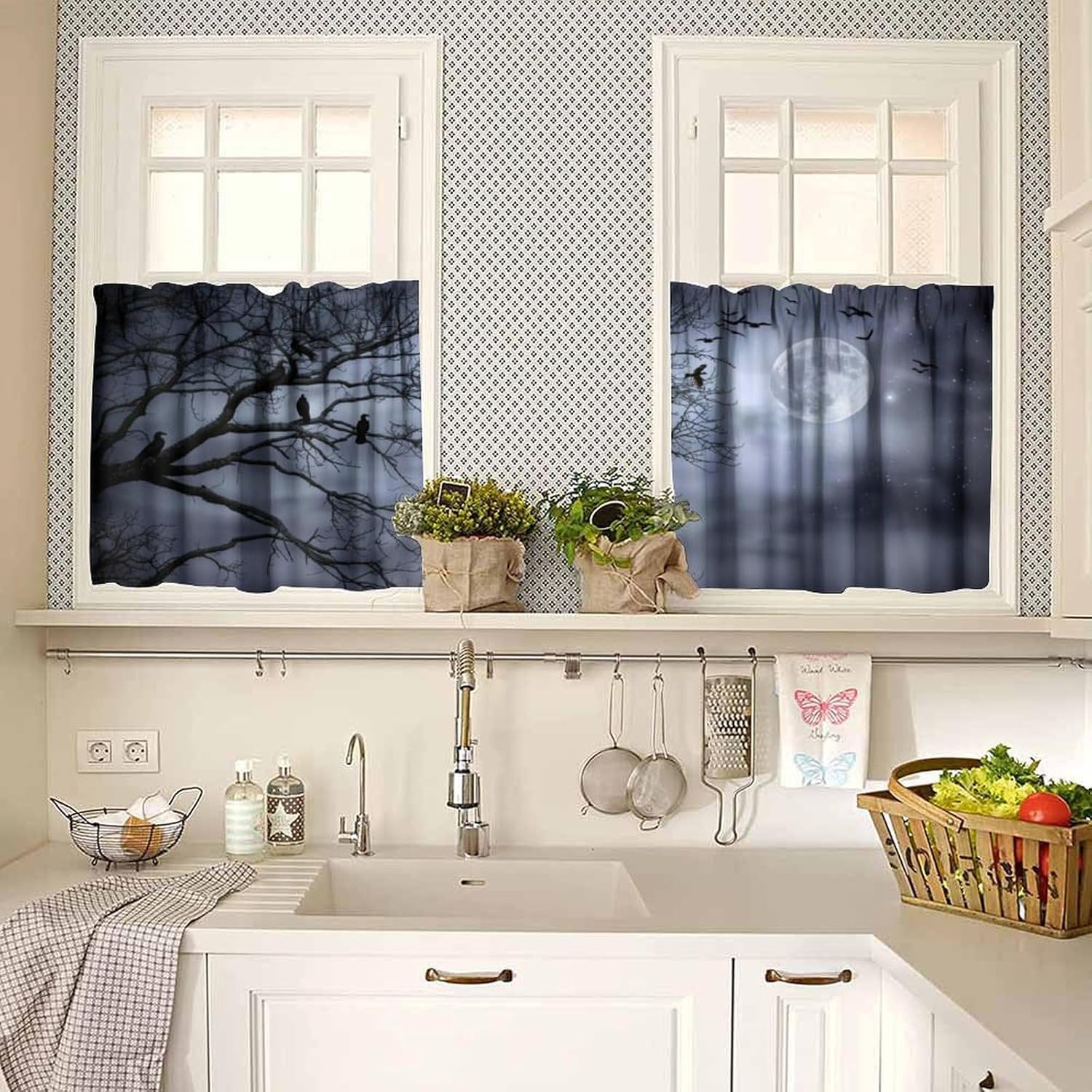 Gothic Night Sky Valance Curtains, Dreamy Mystic Starry Moon Dead Branch Raven Crow Pattern Blackout Home Decor Short Window Treatments Drapes for Bedroom Living Room Kitchen 54x18in 1P/27x24in 2P