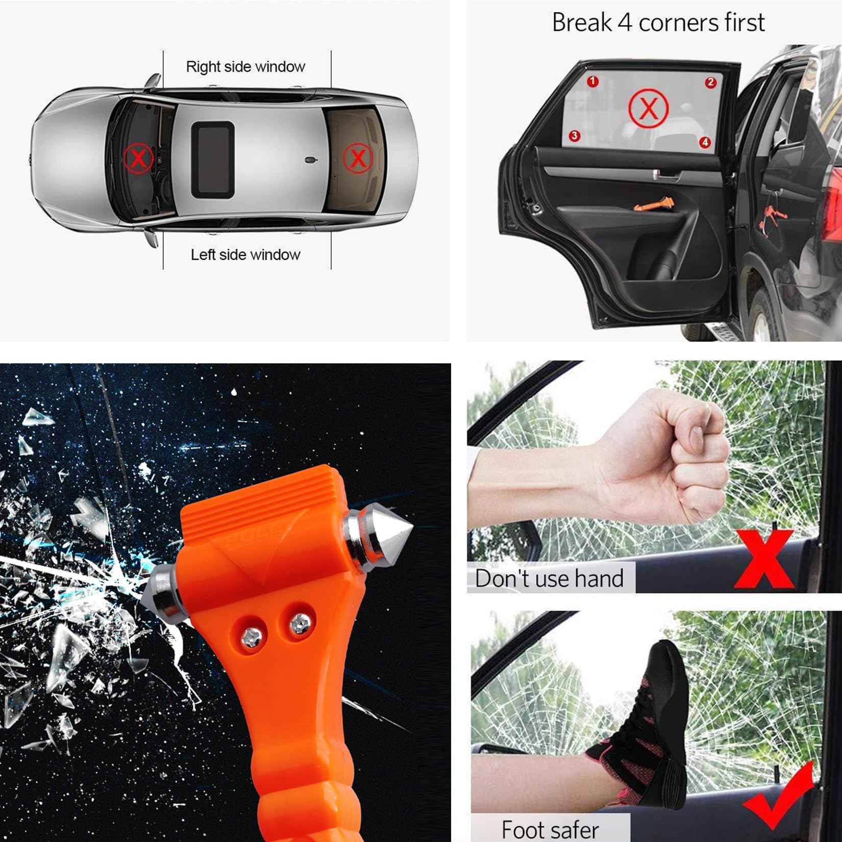 Lot De 2 Marteaux De Sécurité Voiture Rouge - Brise-vitre Et Coupe-ceinture - Avec Support De Fixation - Pour Urgences