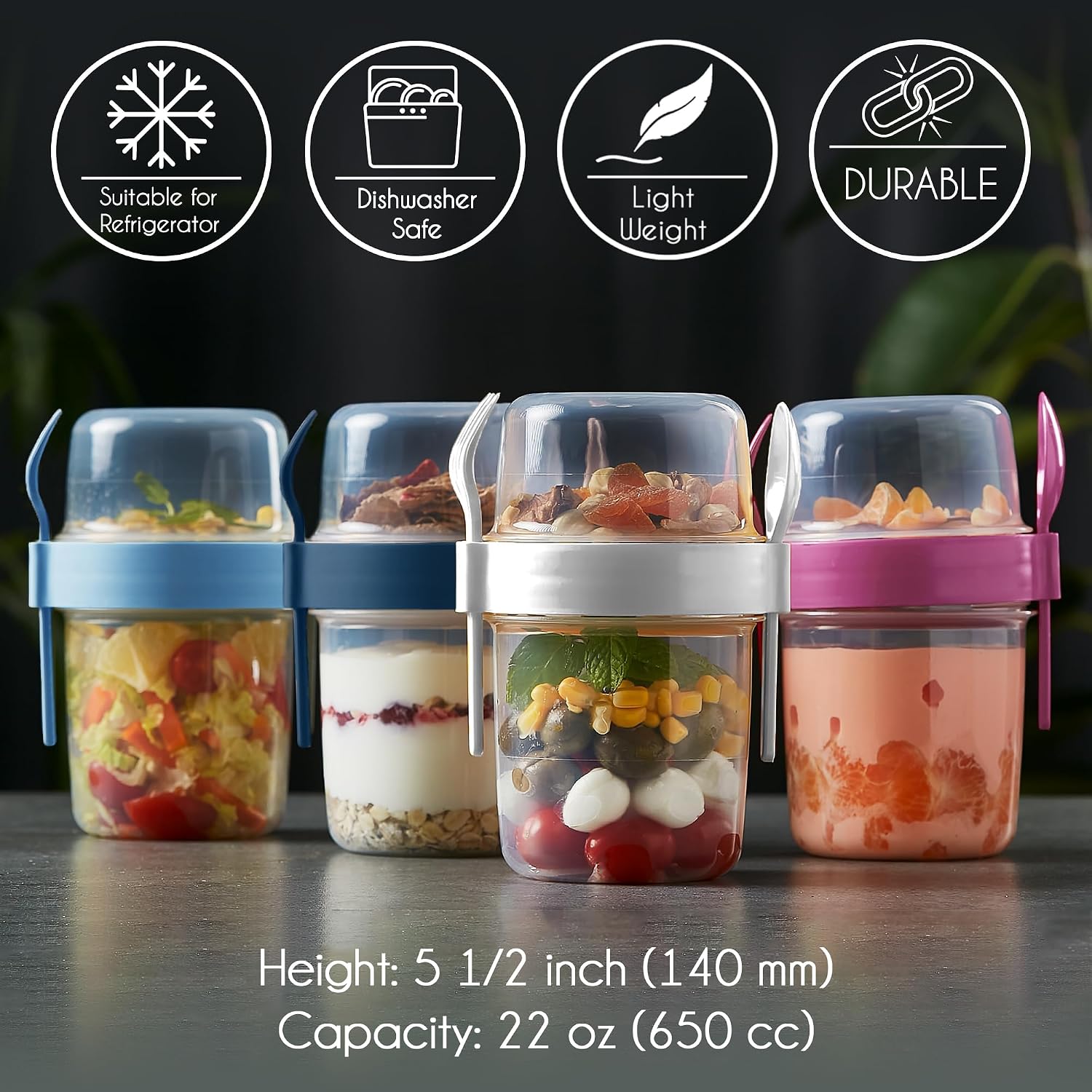 Crystalia 4 Pack 22 oz On The Go Yogurt Parfait Cups with Lids & Spoons - Overnight Oats Containers, Take and Go Reusable Cup with Topping Cereal or Oatmeal Container, Colorful