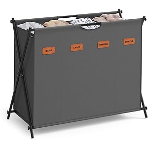 SONGMICS Laundry Hamper, Laundry Basket, 40.9 Gal. Laundry Sorter 4 Sections, Collapsible X-Frame, Clothes Organizer with Customizable Labels, Laundry Room, Bedroom, Bathroom, Slate Gray ULC