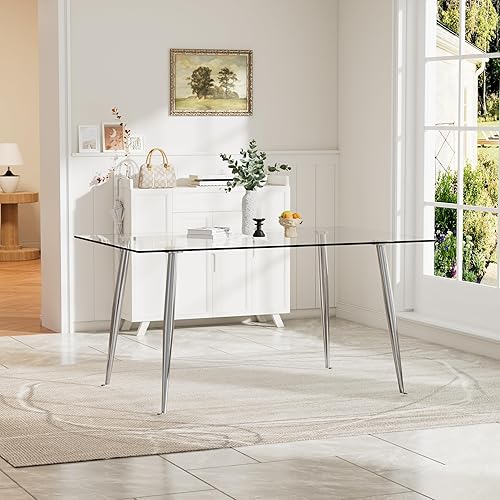 Miniatura 11 de Baysitone Mesa de comedor de cristal para 4 personas con tapa de vidrio rectangular transparente de 51 pulgadas, muebles de cocina de vidrio Negro