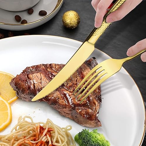Miniatura 9 de Lemeya Juego de cubiertos de oro martillado de 20 piezas con cuchillos de forja dentados, juego de cubiertos de acero inoxidable 1810 para 4, juego