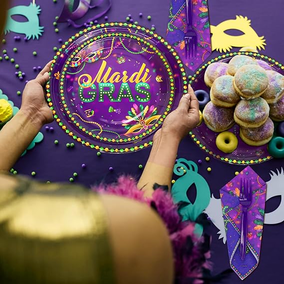 96 PCS Mardi Gras Party Tableware Set,Disposable Mardi Gras Party Carnival Supplies Purple Paper Plates Napkins Forks Mask Plate for Mardi Gras New Orleans Masquerade,24 Guests
