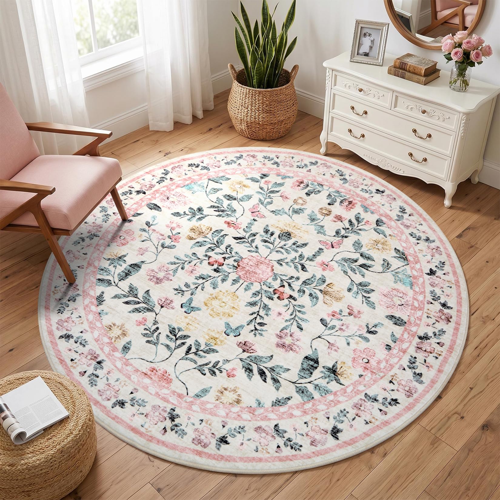 CAROMIO Floral Round Rug 120cm Washable Low Pile Non-Slip Living Room Pink