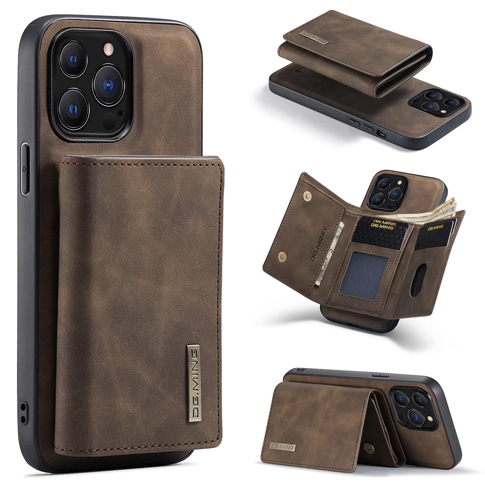 2 in 1 Wallet Case Compatible with iPhone 13 Pro Max, DG.MING Retro Leather Cell Phone Back Cover Magnetic Detachable with Trifold Wallet Credit Card Cash Holder (Coffee)