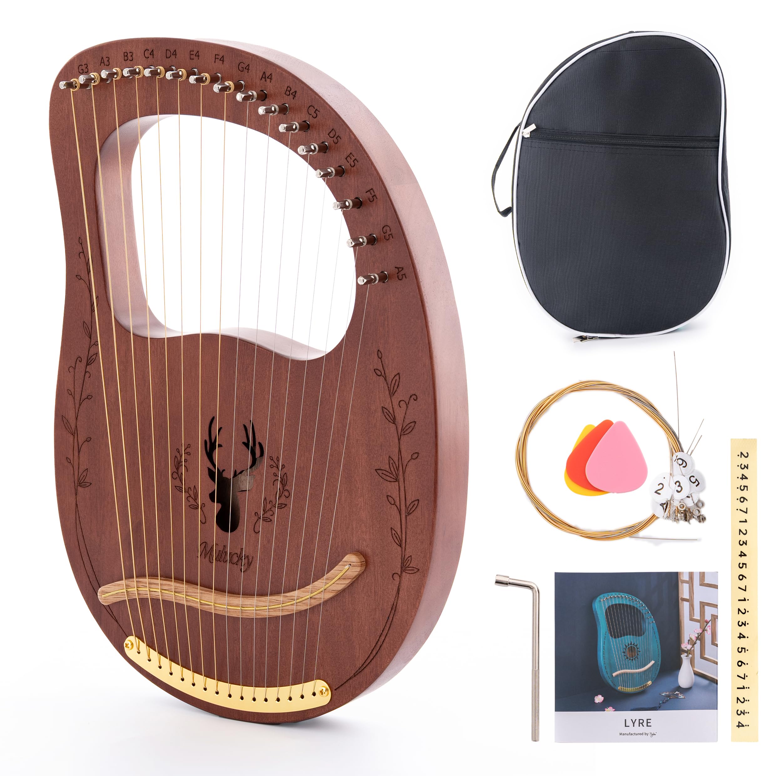 Mulucky Arpa a 16 corde, in mogano, kit di strumenti musicali a corda con custodia per chiavi di accordatura, corde extra per principianti