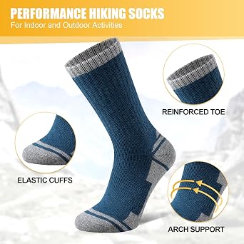 Merino Wool Hiking Socks Men Women, Thick Cushioned Walking Socks, Anti Blister Breathable Crew Sports Work Running Sock 3 Pairs