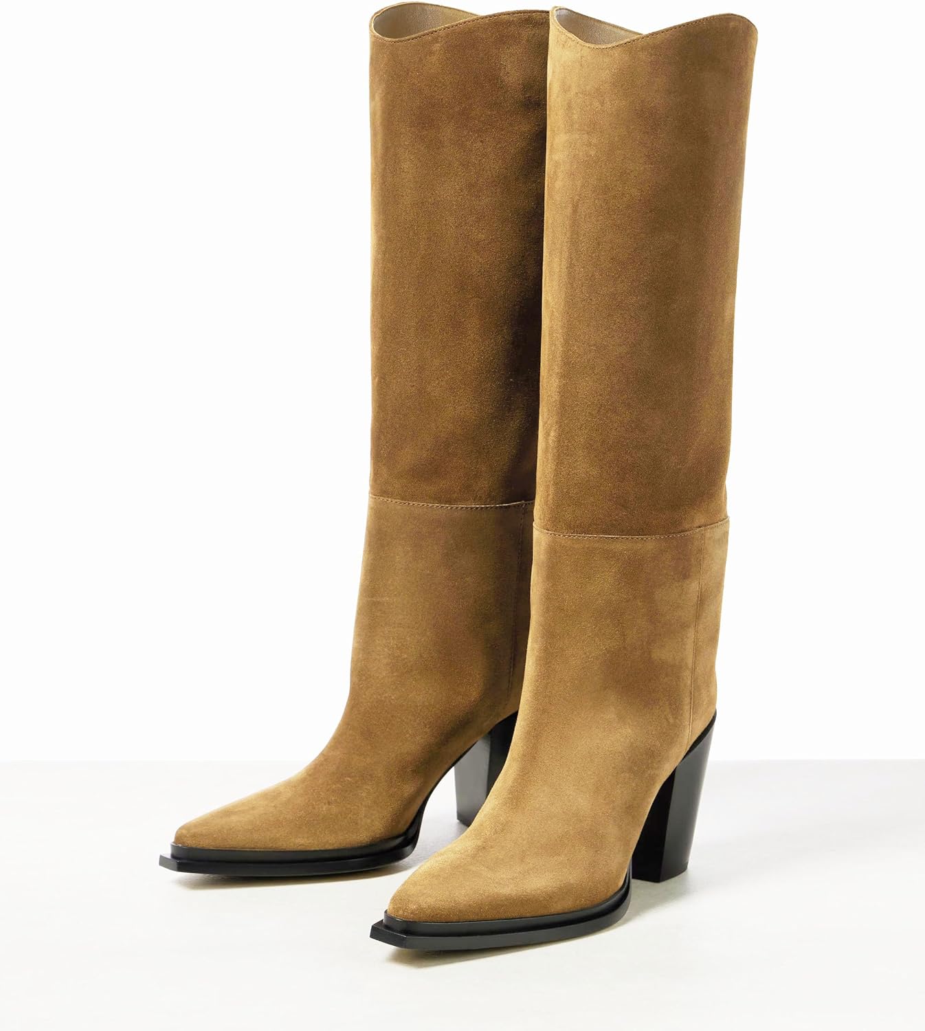 THESHY Womens Pointed Toe Leather Knee High Boots Chunky Block Heel Tall Boots Pull on Fashion Classic Dress Boots for Women