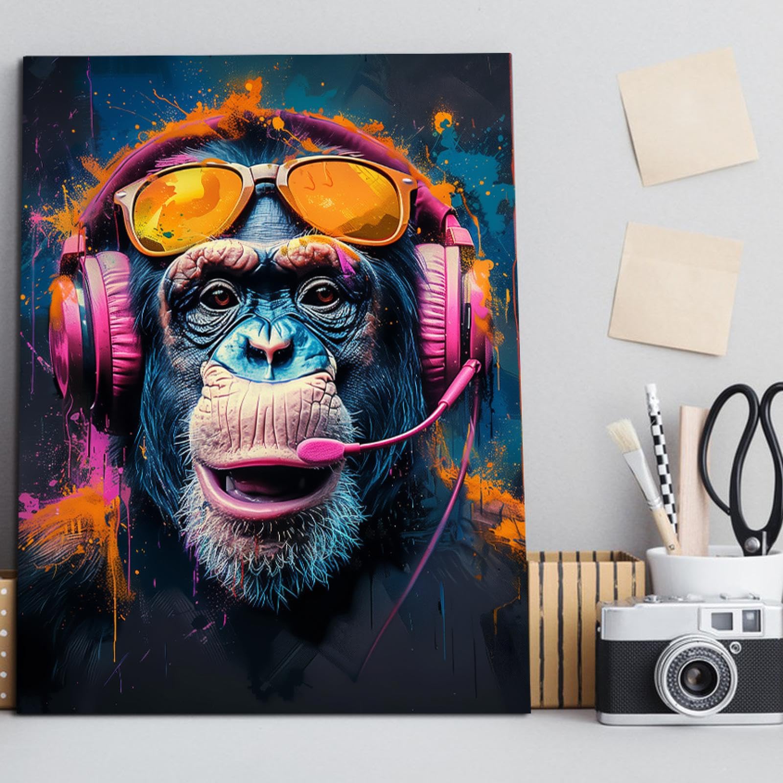 ALMLZL Colorful Monkey Wall Art Chimps with Headphones DJ Canvas