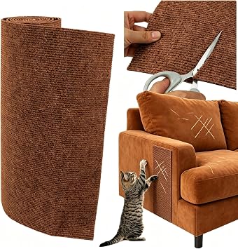 Trimmable Self-Adhesive Cat Scratcher Mat, DIY Couch Wall Protector Brown