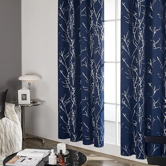 Deconovo Living Room Curtains 108 Inch Long, Blackout Curtains for Bedroom | Tree Branch Foil Pattern Drapes, Thermal Insulated, Room Darkening, Grommet, 2 Panels Set, Navy Blue, 52 x 108 Inch