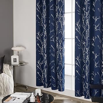 Deconovo Living Room Curtains 108 Inch Long, Blackout Curtains for Bedroom | Tree Branch Foil Pattern Drapes, Thermal Insulated, Room Darkening, Grommet, 2 Panels Set, Navy Blue, 52 x 108 Inch