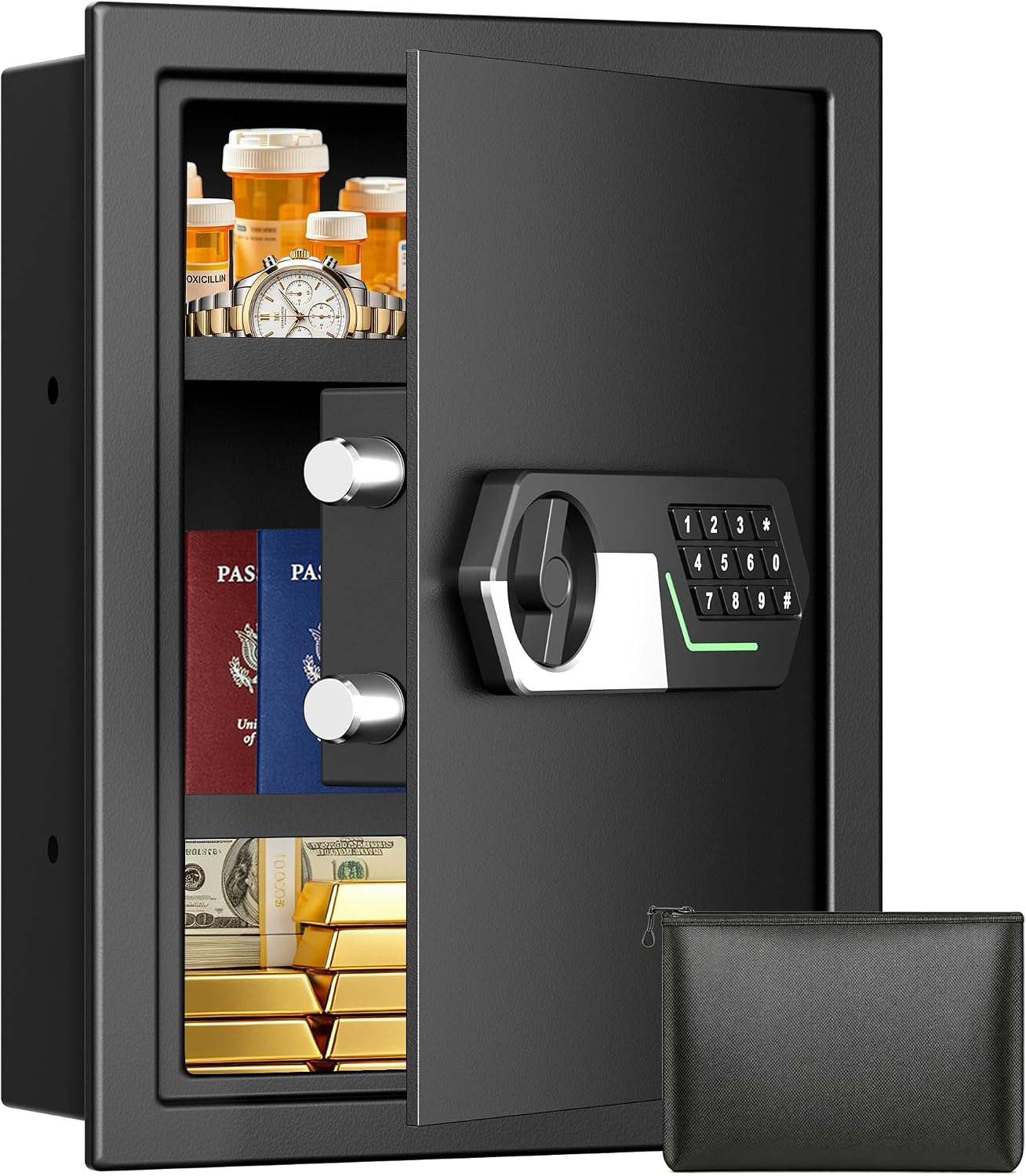 22'' Tall Fireproof Wall Safes Between the Studs, Fire Security In Wall Safe with Digital Keypad, 2 Removable Shelves and Fireproof Bag, Anti-Theft Hidden Safe for Home, Pistols, Cash, Documents thumbnail