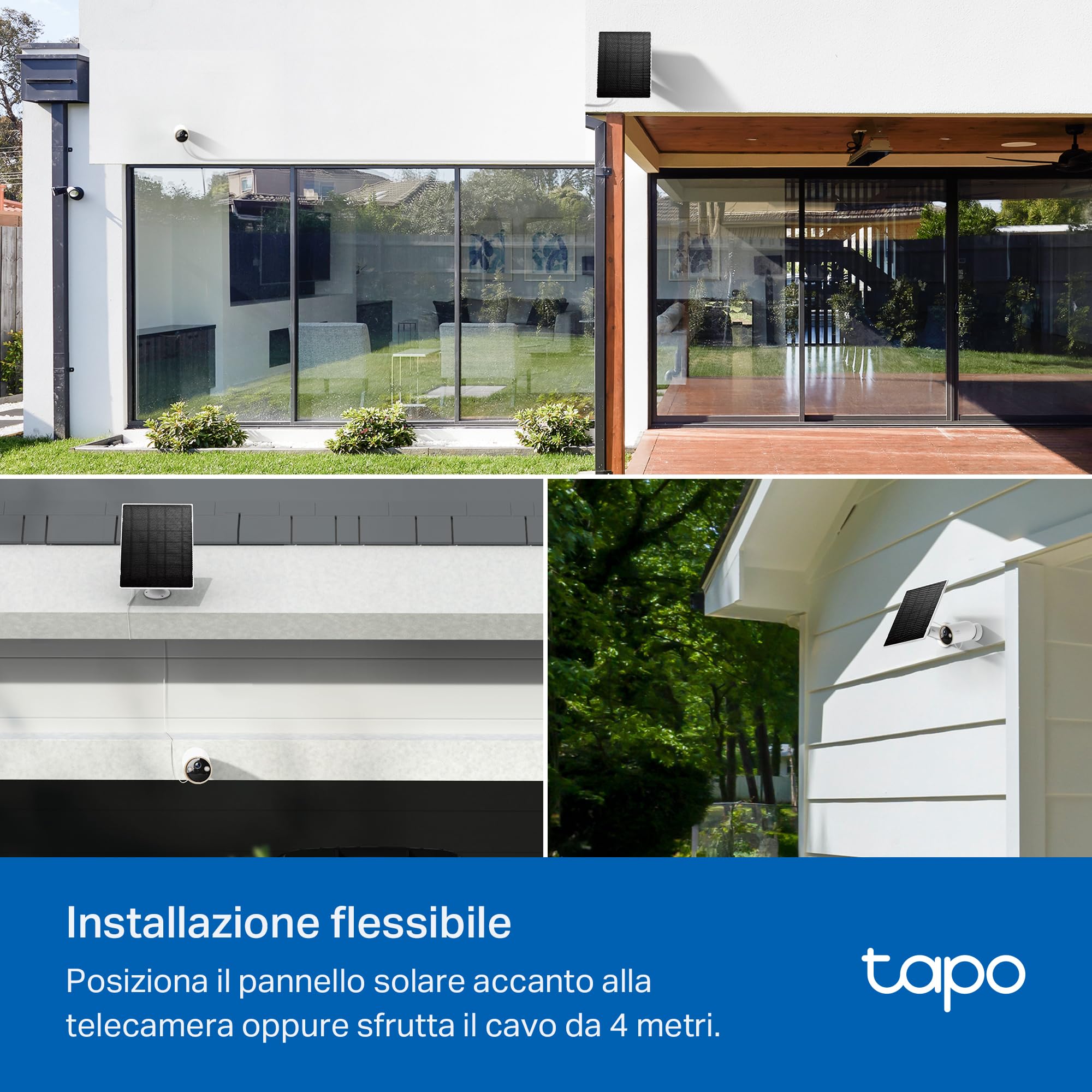 Tapo A202 Pannello Solare 4.5W, 5.2V, Adatto a Telecamera Tapo a Batteria, Installazione Flessibile, Ricarica ad Alta Efficienza, IP65, Regolabile a 360°, Cavo di Ricarica di 4m