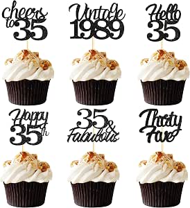 30 Decorazioni Per Cupcake 35° Compleanno Oro Rosa - Sotpot, Stecchini Glitterati Con Scritte Hello 35 / Cheers / Favolosa, 6 Stili - 2