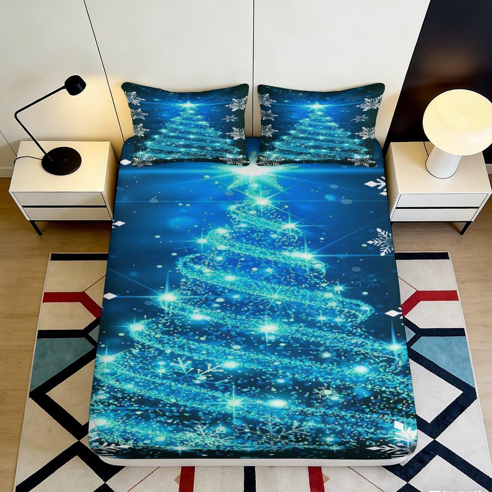 3D Printed Sparkling Christmas Tree Fitted Sheet Microfiber Blue Mattress Cover for Bedroom Guest Room Easy Care Decor 90x200x25cm