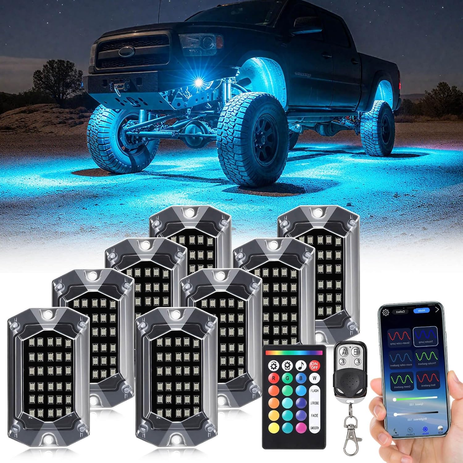 8Pods Full Angle RGB LED Rock Lights Kit for Jeep Trucks Golf Cart ATV UTV RZR SUV Offroad Pickup Car, Multicolor 30LEDs Underglow Light with APP/RF Remote Control Neon Underbody Lights 12V Waterproof
