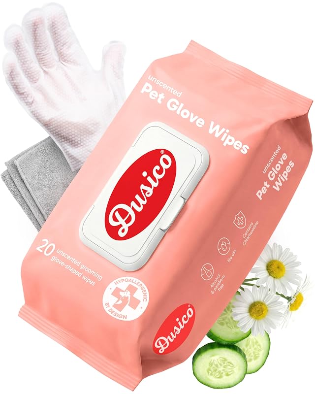 Lenços de Higiene para Cães e Gatos em Formato de Luva com Toalha de Microfibra Dusico, Sem Óleo e Aloe Vera, 20 unidades