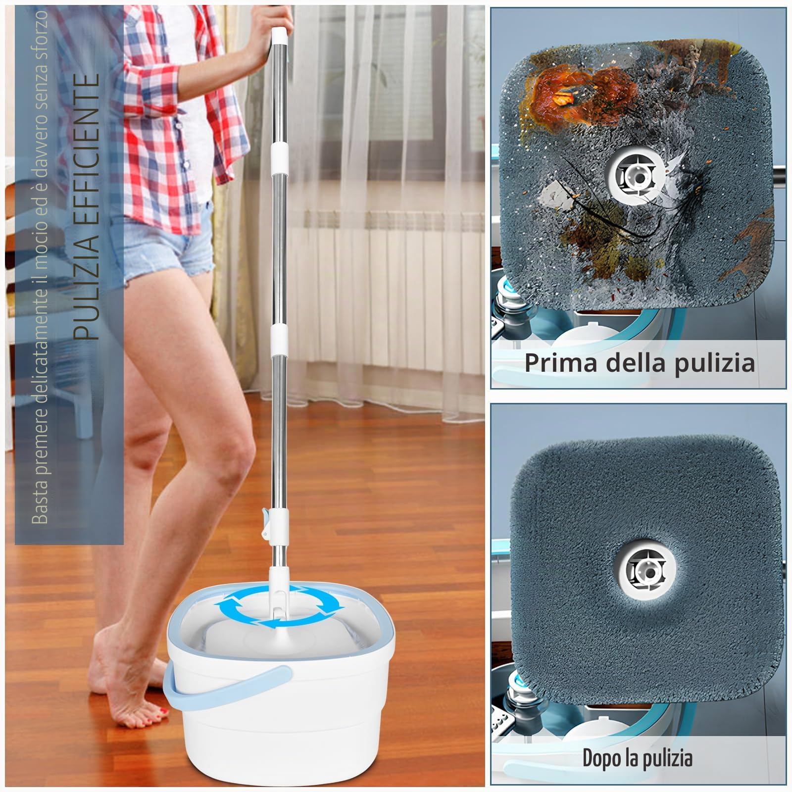 Mocio Lavapavimenti 130cm,con Secchio, 2-in-1 Filtraggio Separa lo Sporco Dall'acqua Dolce, Mocio Pavimenti Autostrizzante Rotante, con 2 Ricambio Mocio Microfibra