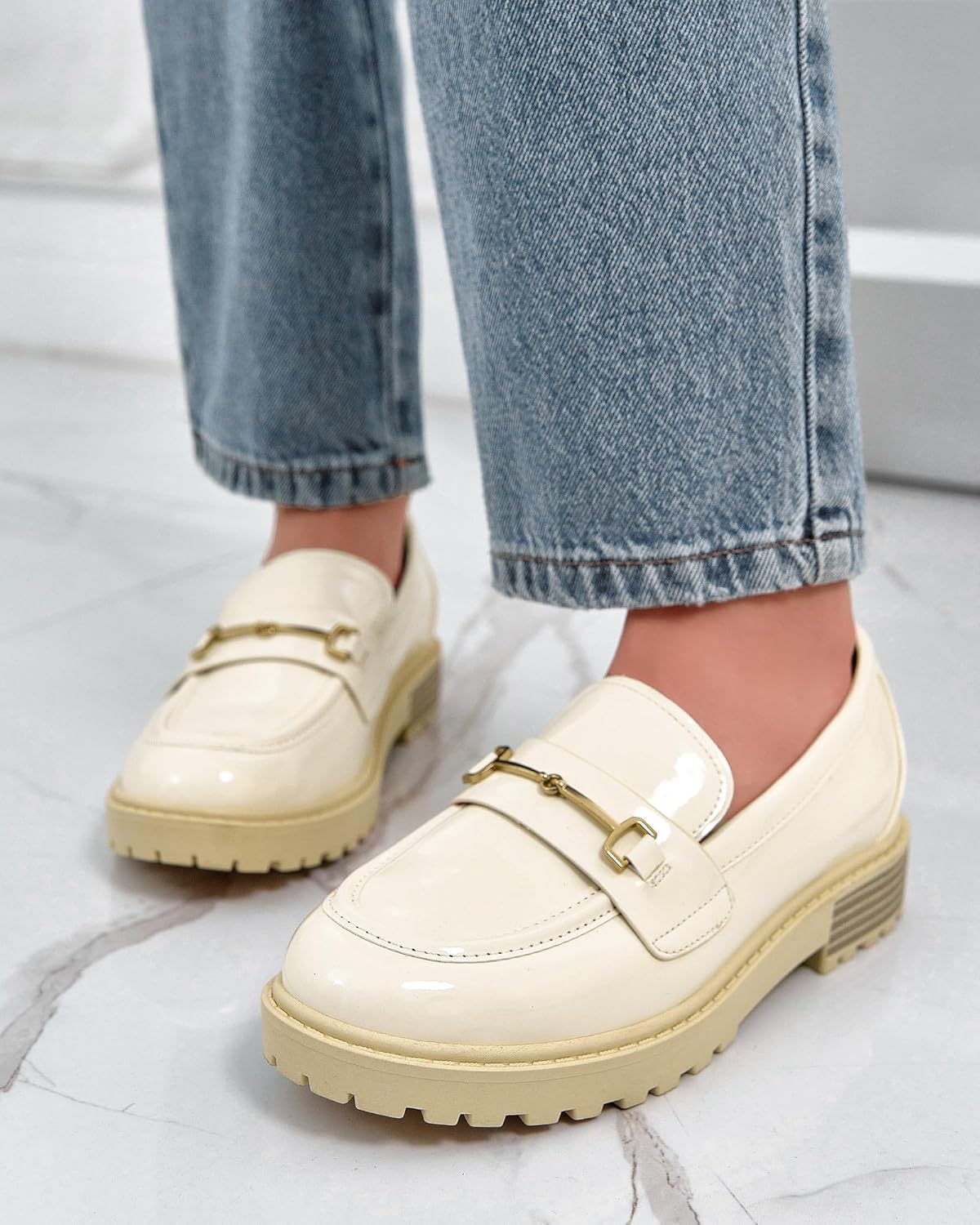 Coutgo Girl's Platform Loafers Slip On Chain Chunky Heel Leather Flats Round Toe School Uniform Dress Shoes - Image 2