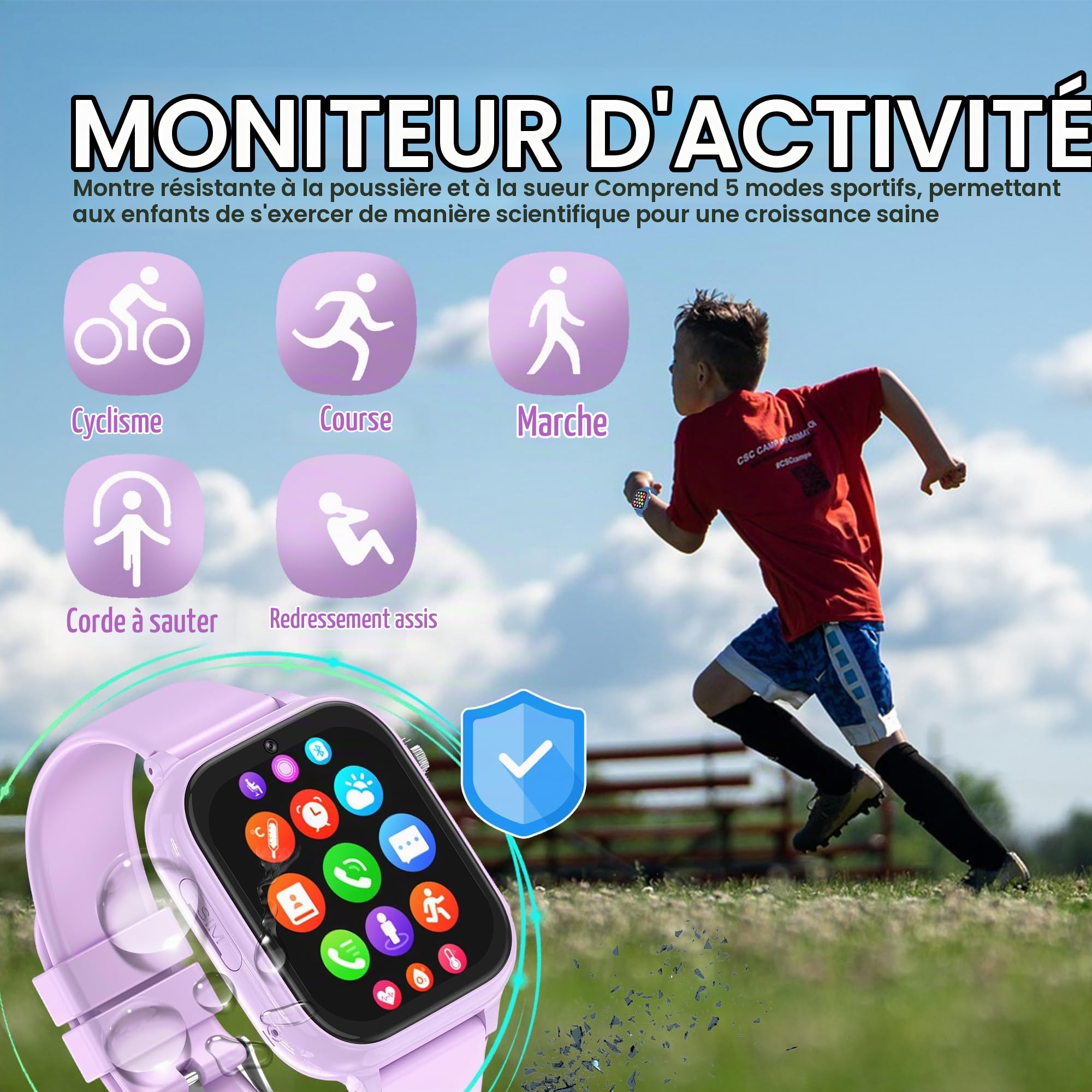 Montre Connectée Enfant GPS, 4G Montre Connectée Ado avec Telephone Appel Vidéo, WiFi, Bluetooth, SOS, Mode Classe, Face ID, App Store, Whatsapp, Réveil, IP68 Smartwatch Enfants Cadeaux (Violet)