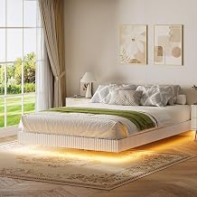 LYNSOM Queen Size Floating Bed Frame with Smart LED Lights, Modern Fluted White Platform Bed, Heavy Duty Metal Slats Support No Box Spring Needed, Noise Free Easy AssemblyWhite