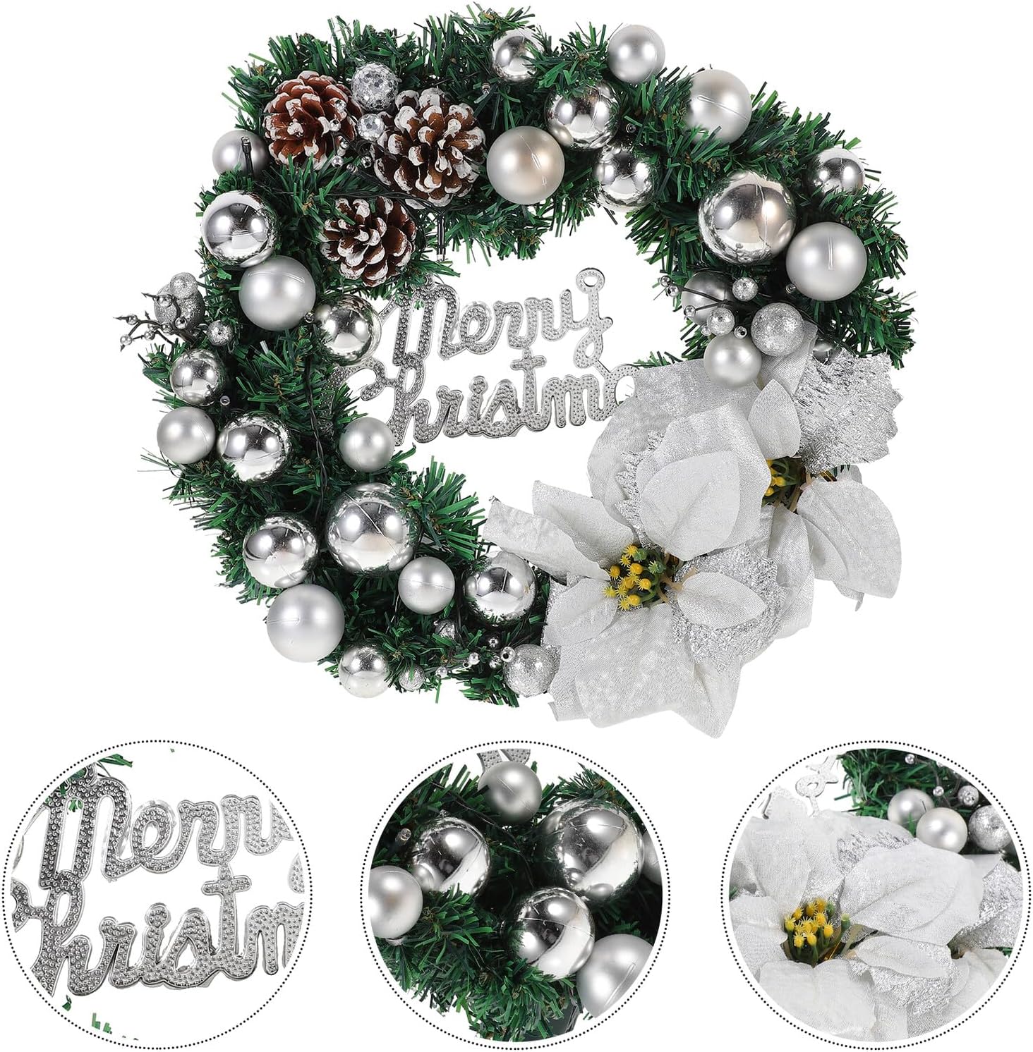 LED Silver 40cm Christmas Wreath Garland with Artificial Flowers, Illuminated Battery-Powered Hanging Decor for Indoor Bedroom and Holiday Scene Decoration