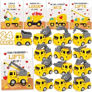 Valentines' Day Cards for Kids Classroom, 24 Packs Construction Vehicle Truck with Greeting Cards, Valentines Party Favor, School Exchange Prizes, Ideal Valentines' Gifts for Boys Girls