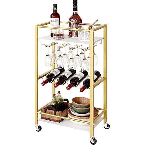 Bar Cart for Home, Mini Rolling Wine Cart, 3 Tier Serving Cart, Kitchen Storage Cart with Wine Rack and Glass Holders, for Kitchen, Dining Room, Living Room, Gold and White RCJW9301