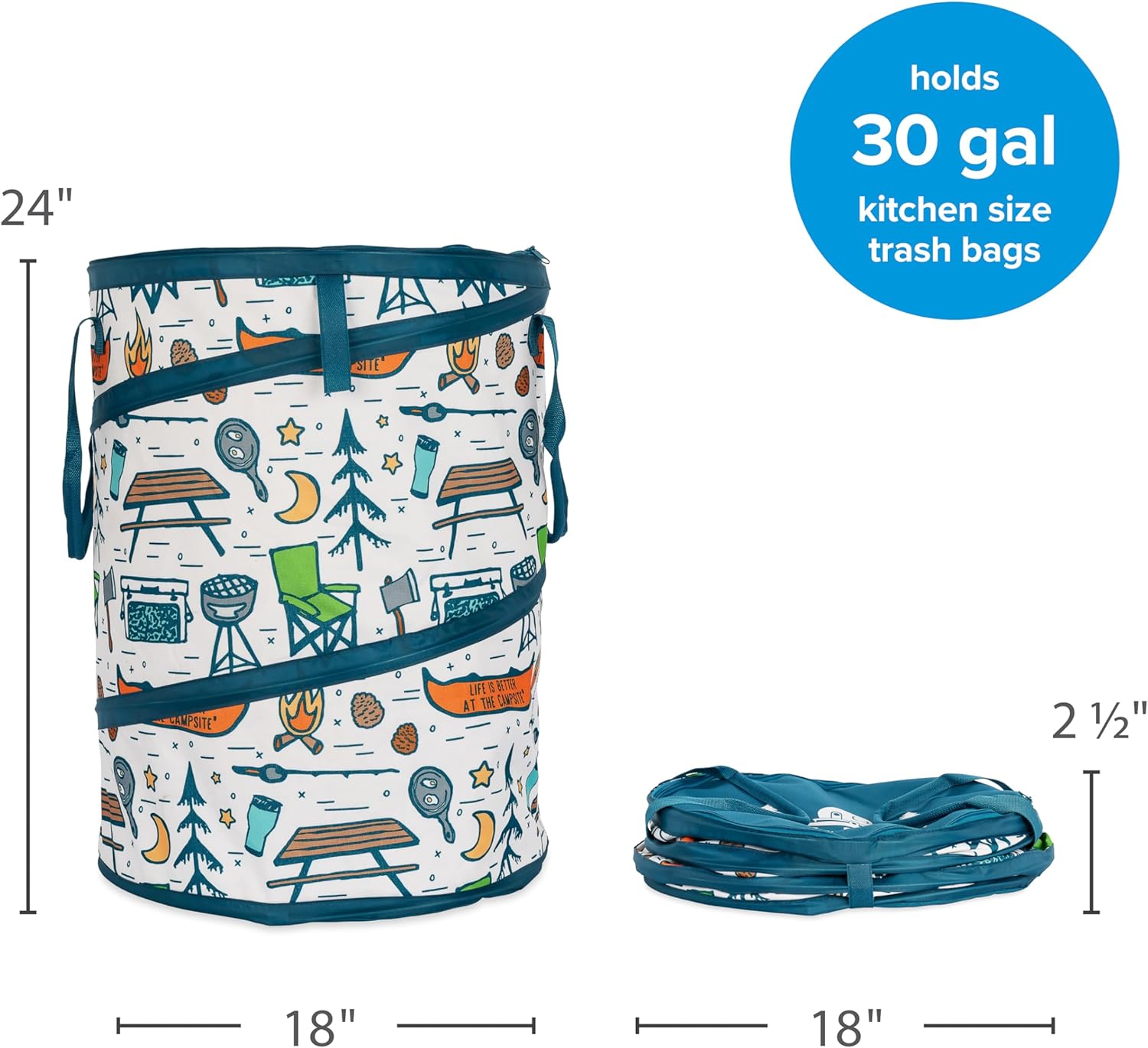 Camco Pop-Up Utility Container - Use as Collapsible Trash Can When Camping - Holds 30-Gallon Kitchen-Size Trash Bags - Stands 2-Ft Tall & Collapses for RV Storage and Organization (42997)