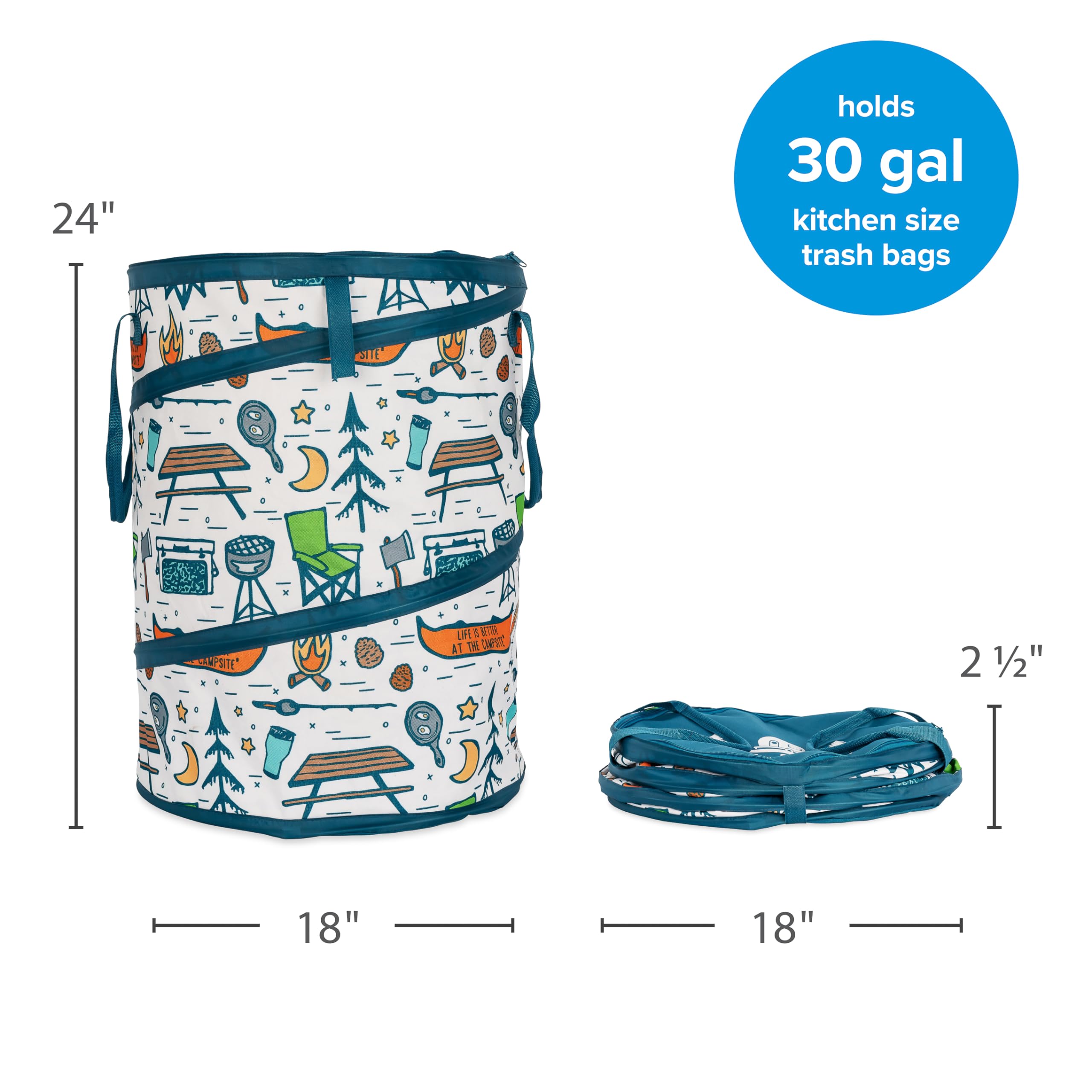 Camco 42997 Life is Better at The Campsite Pop-Up-Behälter, 61 x 45,7 cm – für 17,7 l Müllbeutel in Küchengröße – verfügt über EIN Campingplatz-Design