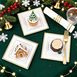 Festiva 350Pcs Gold Plastic Plates - Disposable Square Gold Plates Dinnerware set include 9.5/6 Plates,Cups,Plastic Cutlery,Hand Napkins Perfect for 50 guests Party&Wedding&Thanksgiving&Christmas