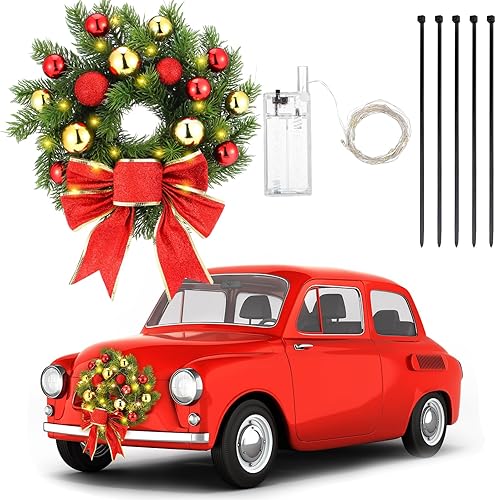 Riceshoot Corona de Navidad decorativa con luz LED para automóvil, accesorios de automóvil iluminados con lazo rojo y equipo de montaje para