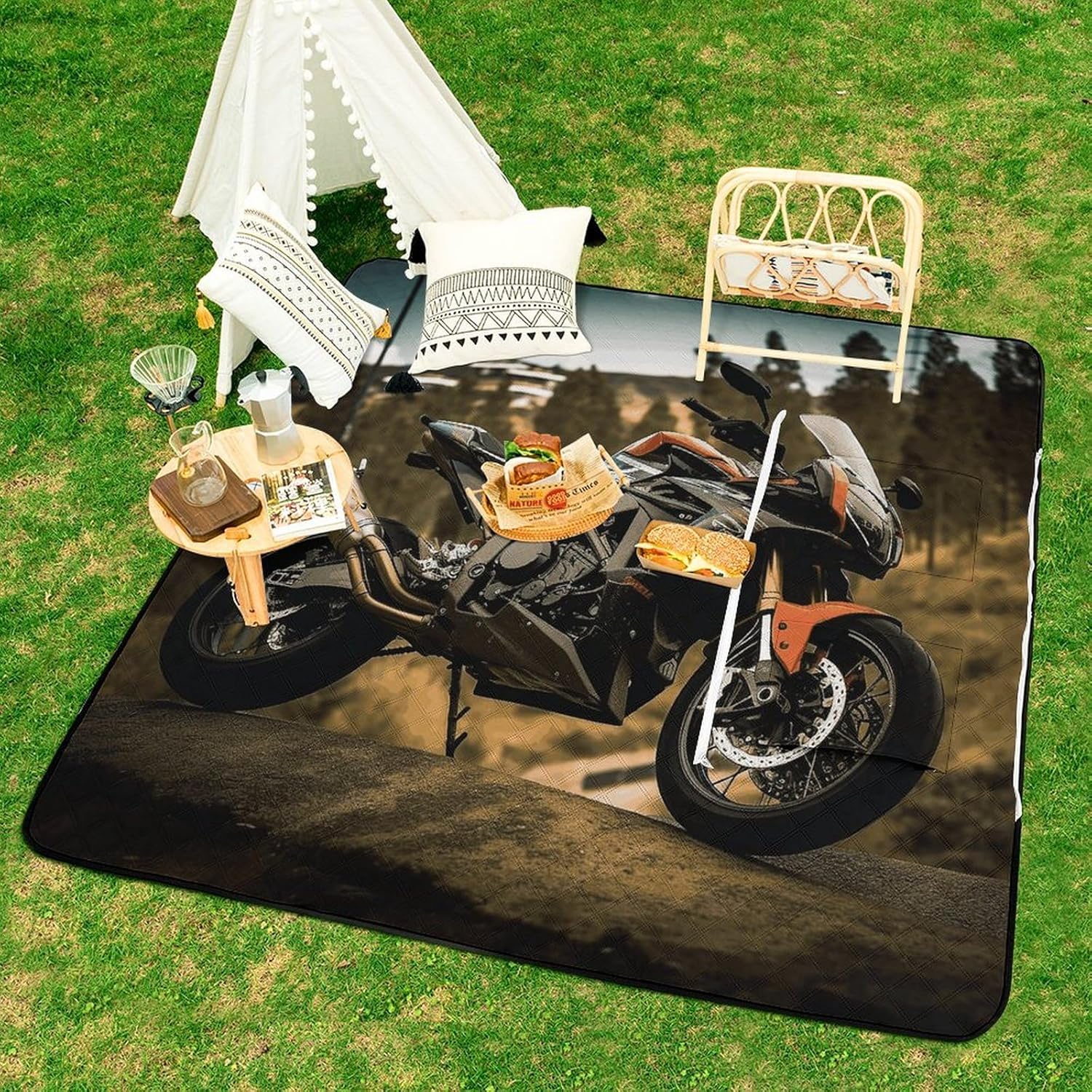 Sport Motorcycle Picnic Blanket 150x150cm, Foldable 2-in-1 Picnic Mat and Tote Bag Portable Waterproof Beach Mat Sandproof Outdoor Blanket for Park, Hiking, Beach, Camping, Travel