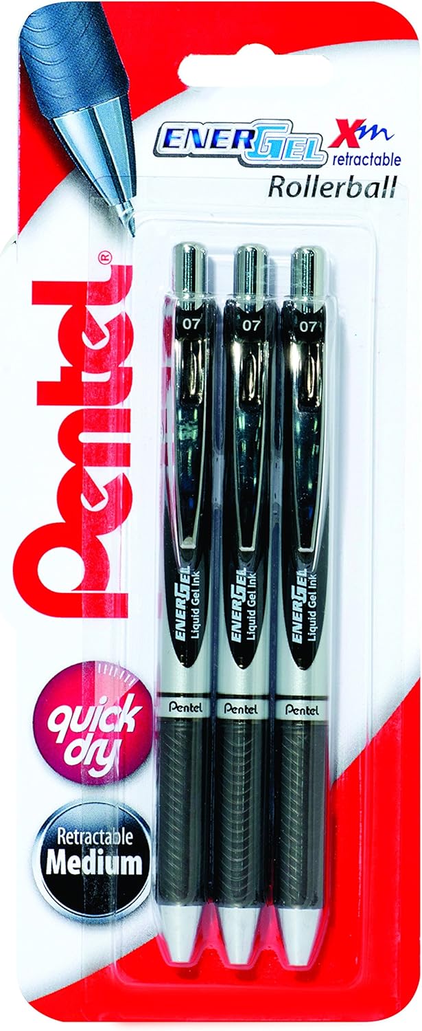 Pentel EnerGel XM Retractable Pink Barrel Supporting Breast Cancer Now, 0.7mm tip, Black Ink, (Pack of 12 pens)