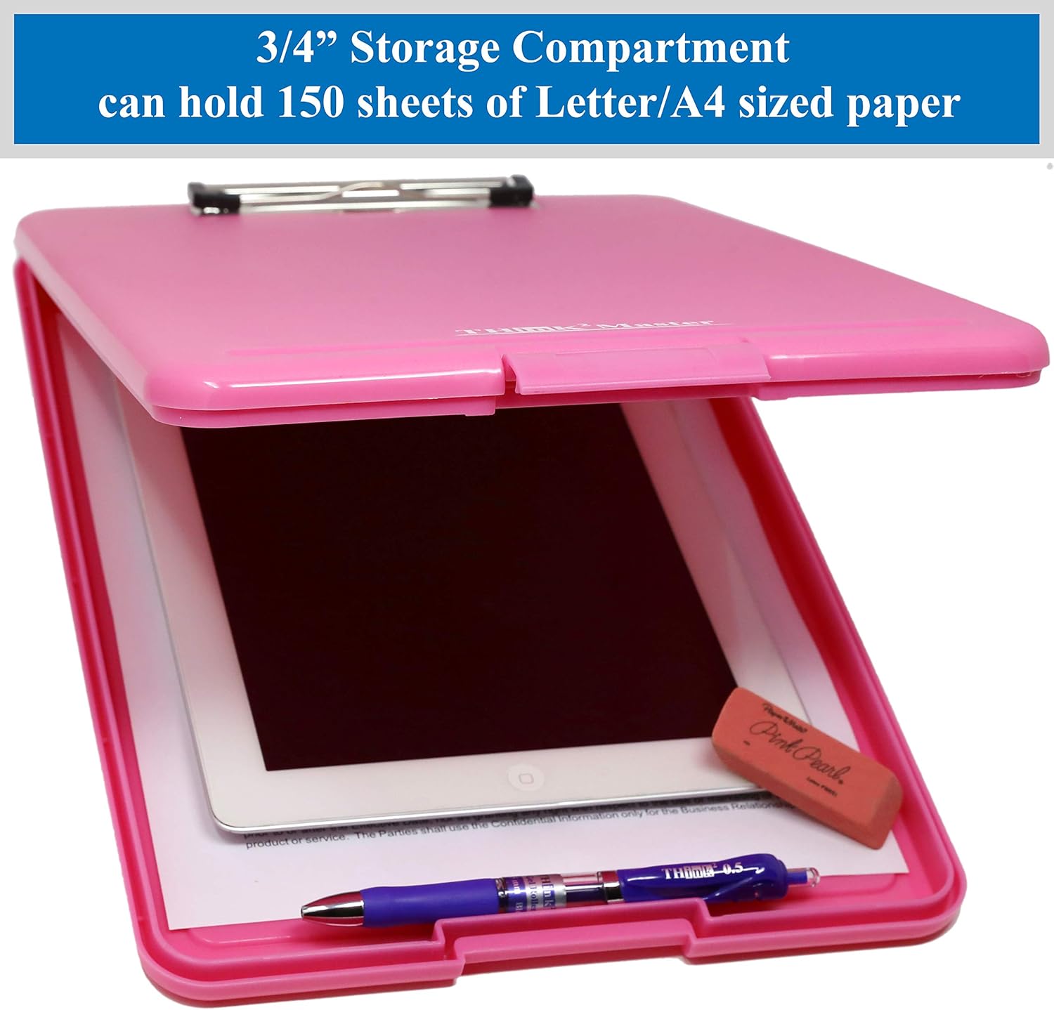 Think2Master [3 Pack] Pink Plastic Storage Clipboard. | 25% Heavier & Sturdier| Heavy Duty and Won’t Flex Like Other Brands (Compare The Weight). Storage Compartment Holds 150 Letter Sized Paper.