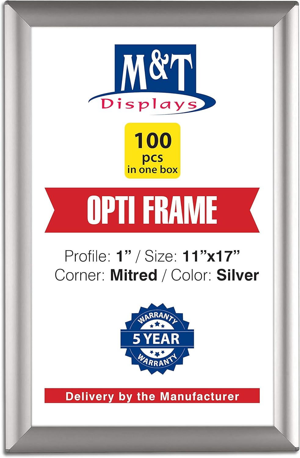 M&T Displays Opti Snap Poster Frame 11x17 Inch Silver 1" Aluminum Profile Front Loading Wall Mounting Photo Picture Document Certificate Sign Holder Mitered Corner Anti Glare Cover (20 pack)
