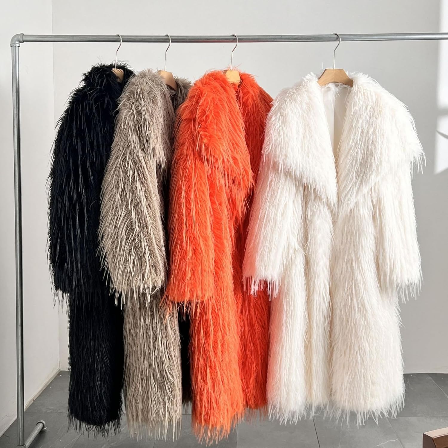 Women's Fluffy Faux Fur Maxi Overcoat Outwear Cardigan,Shaggy Mid Jackets Lapel Collar Coats Parka