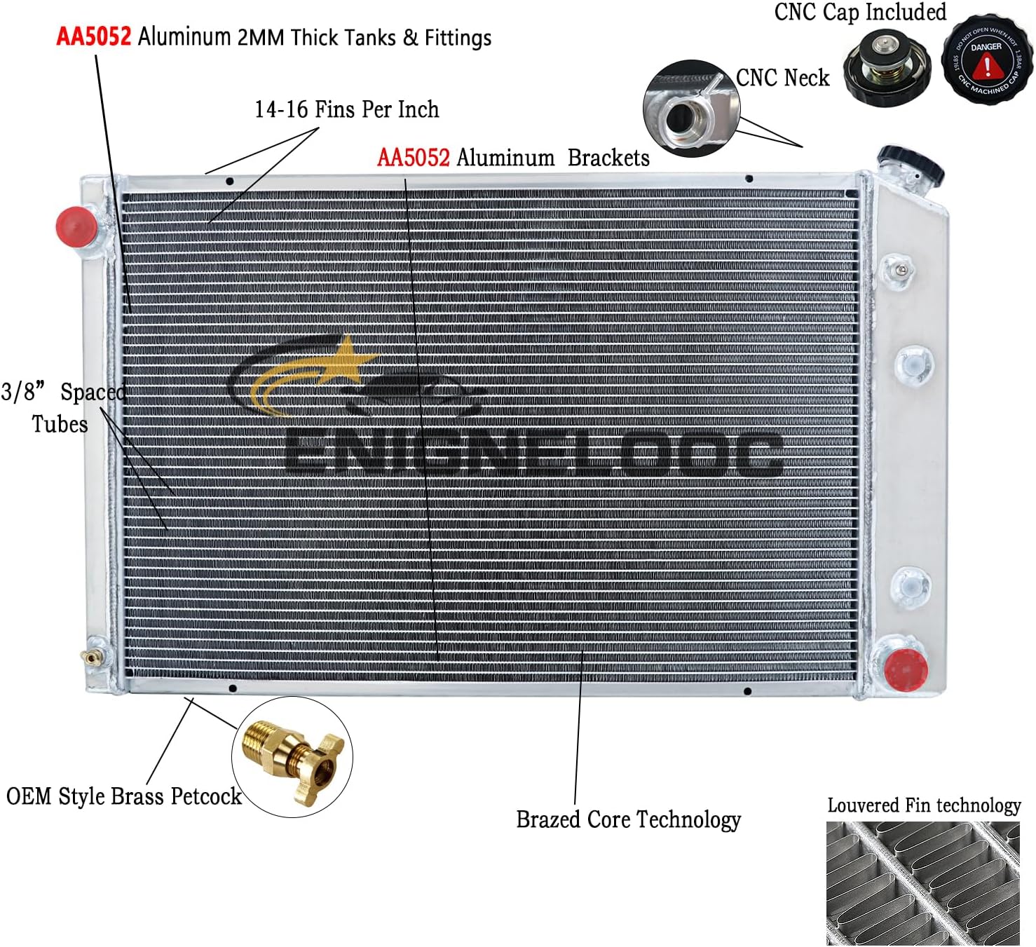 4 Row Aluminum Radiator for 1973-1991 Chevy C/K 10 20 Pickup Silverado Truck Blazer Jimmy Custom Deluxe Suburban GMC C2500 C3500 K1500 K2500 74 75 76 77 78 79 80 81 82 83 84 85 86 87 88