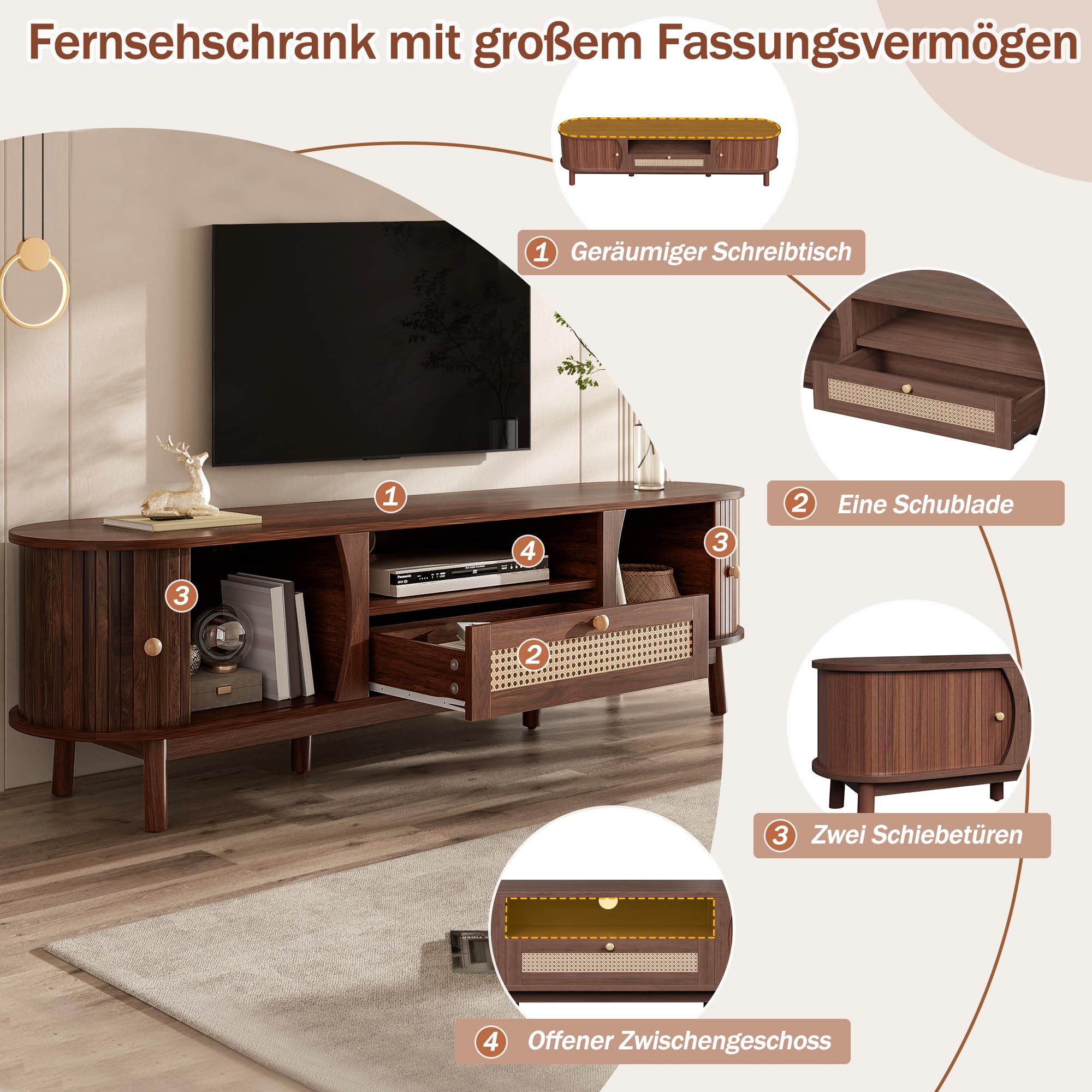 Merax TV-Schrank Rattan 165x37x46 cm, Landhausstil, Massivholztüren & handgeflochtene Schubladen, offener & geschlossener Stauraum, Robustes Wohnzimmermöbel, dunkle Holzfarbe