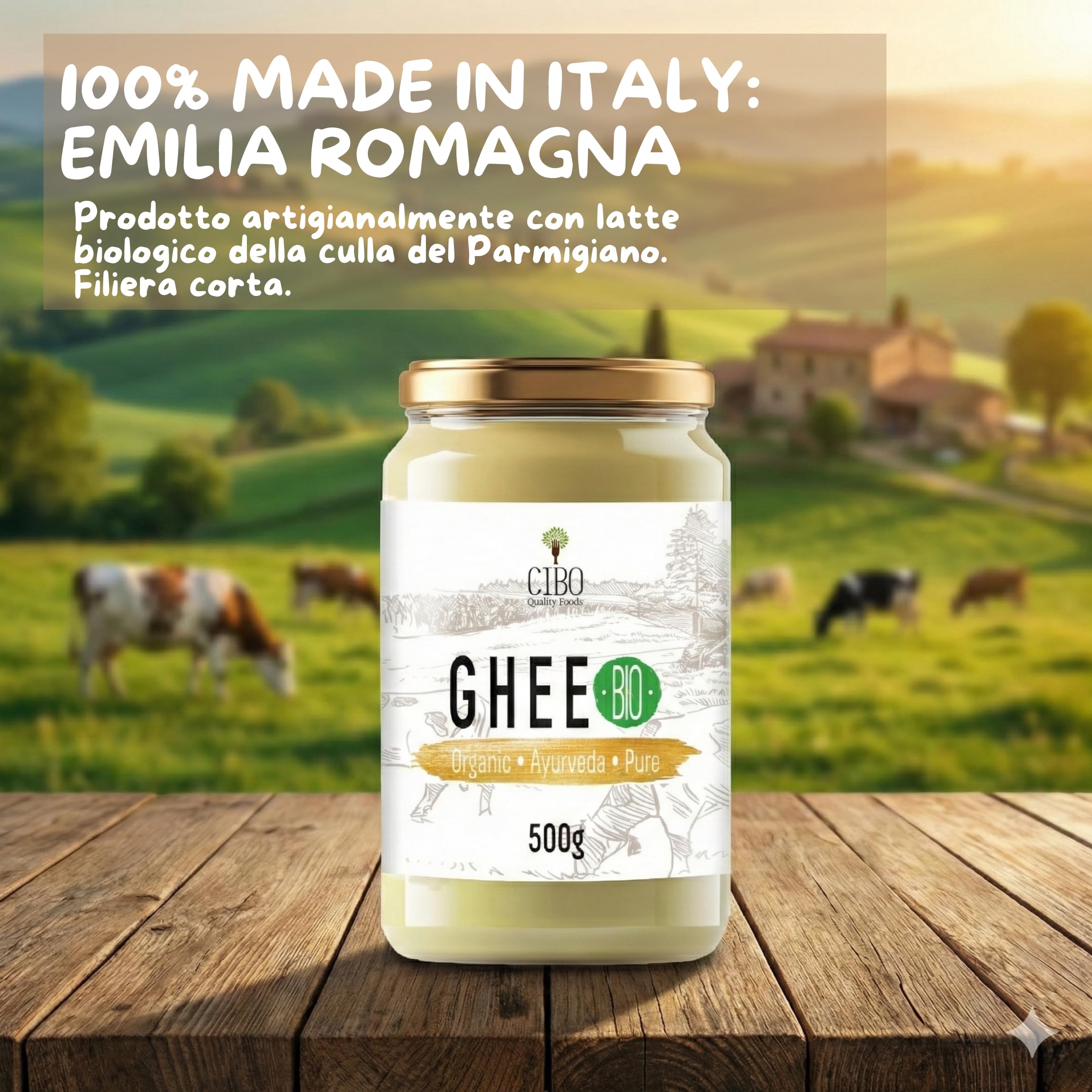 Cibo Burro Ghee Biologico 500gr - Latte di Parma e Reggio Emilia - Prodotto in Italia - Mucche al Pascolo - Punto di Fumo 250°C - Da Panna Centrifugata