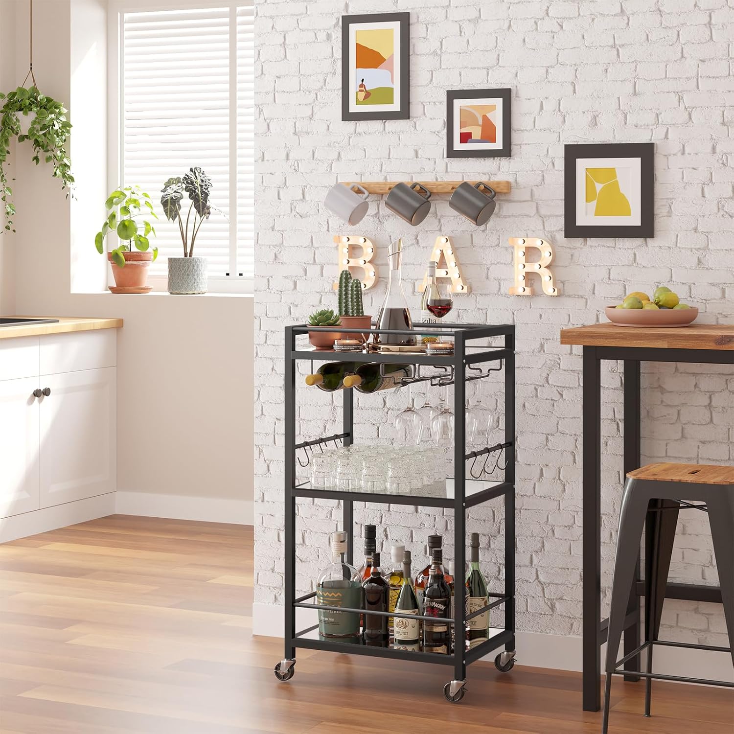 tutotak bar cart, home bar serving cart with 3-tier mirrored shelf, drink cart, mobile kitchen shelf with wine rack, rolling beverage cart, black bc01bk033 black mirrored glass