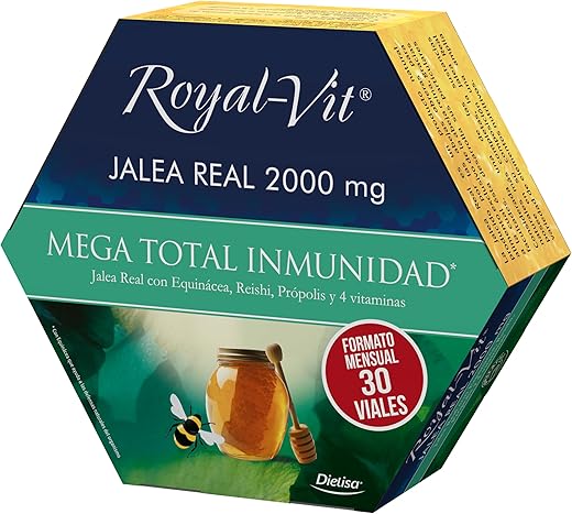 Dielisa, Royal Vit, Jalea Real 2000mg Mega Total Inmunidad, con 2000mg de Jalea Real, Reishi, Própolis y Equinácea que ayuda a las defensas naturales del organismo, Formato mensual - 30 viales