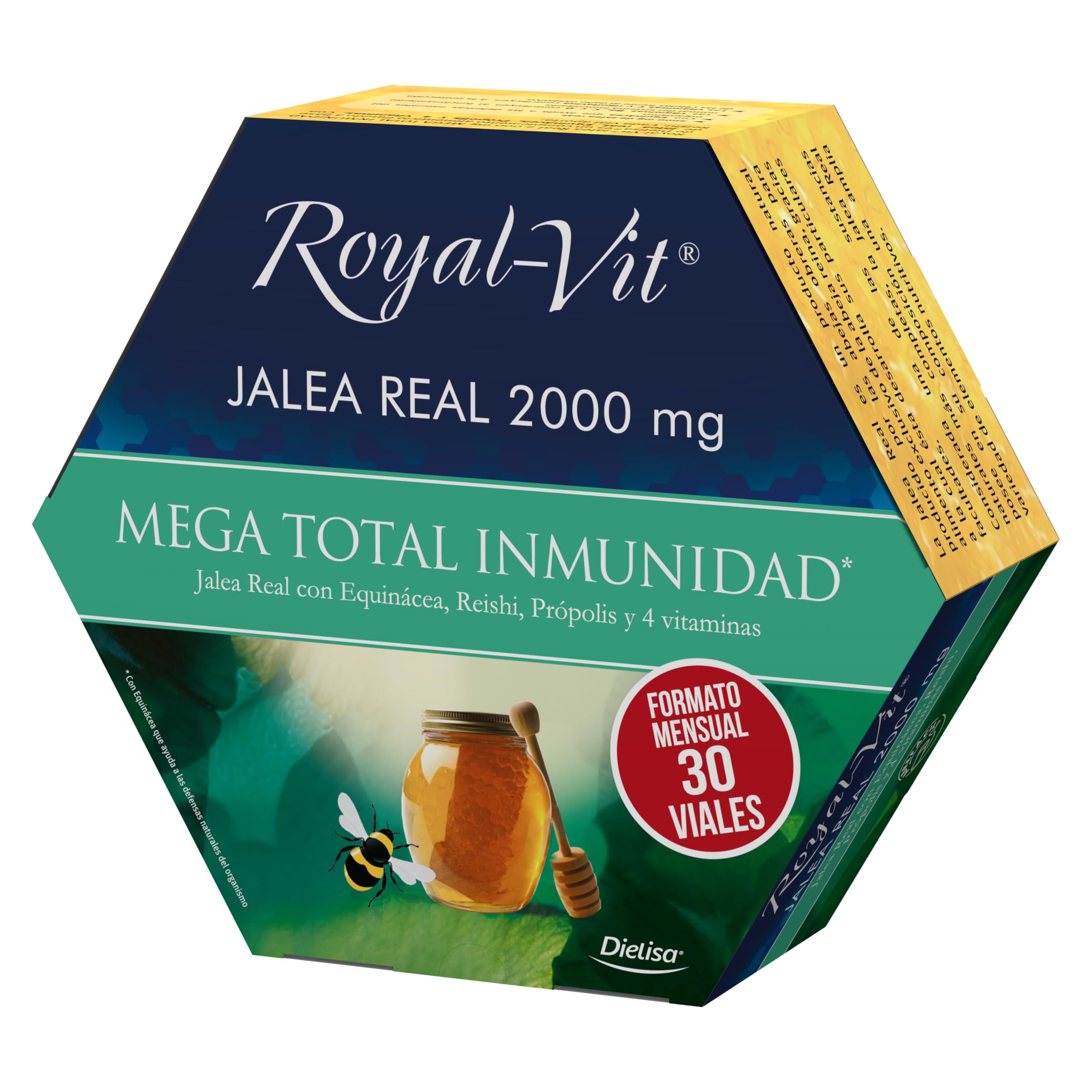 Royal Vit, Jalea Real 2000mg Mega Total Inmunidad, con 2000mg de Jalea Real, Reishi, Própolis y Equinácea que ayuda a las defensas naturales del organismo, Formato mensual - 30 viales
