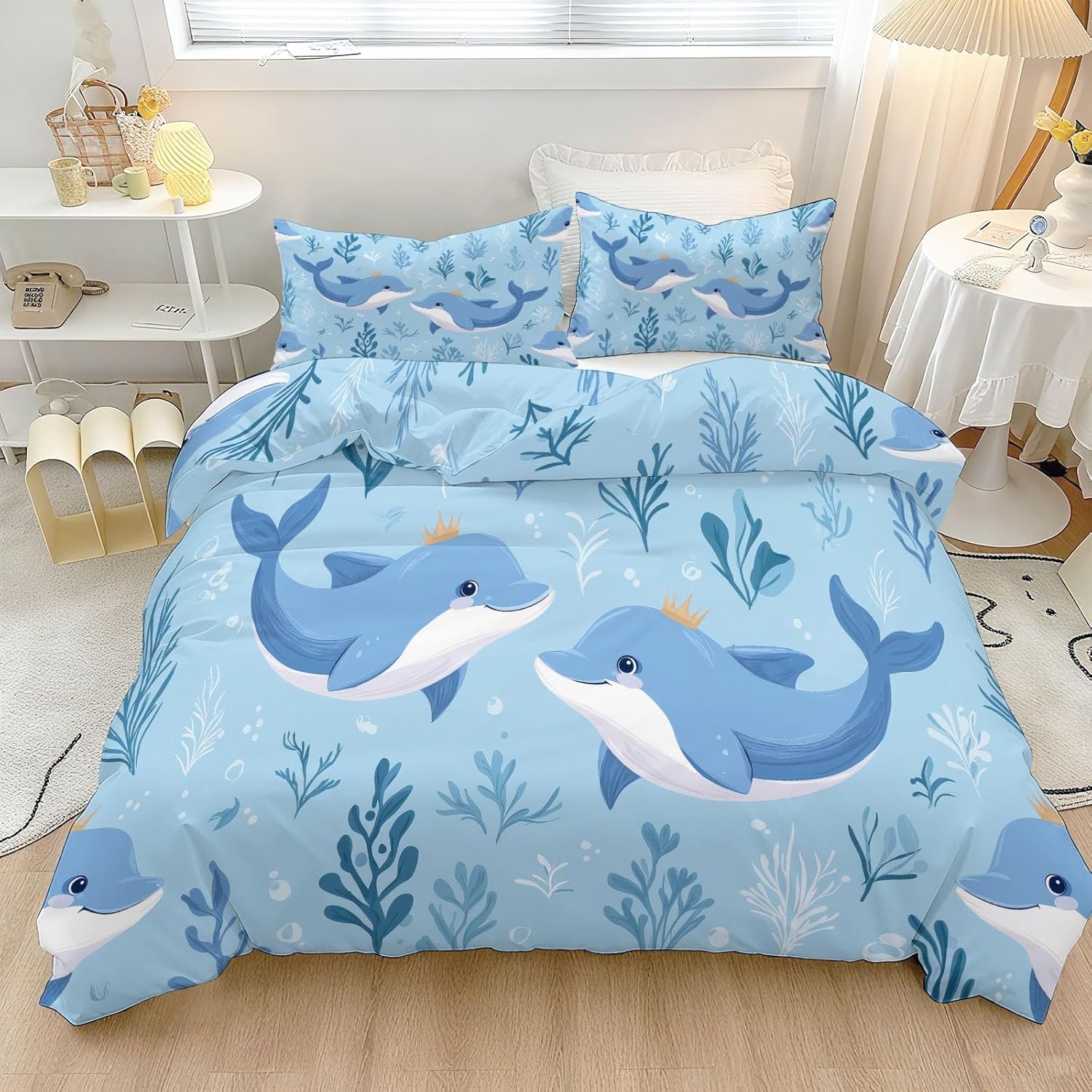 Duvet Cover for Kids Cartoon Dolphin Plant Leaf Quilt Cover Sets Reversible Soft Breathable Bedspread Cover Room Decor, Blue Bedding Set 3Pcs Zipper Closure Boys Girls Teens (Full Size 80"x90")